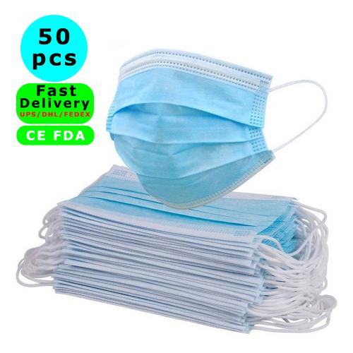 50 PCS Safty Mask, CE FDA Medical 3-Layer Disposable Face Masks 3-Layer with Elastic Ear Loops for Blocking Dust Protection Fast Delivery by DHL UPS FEDEX