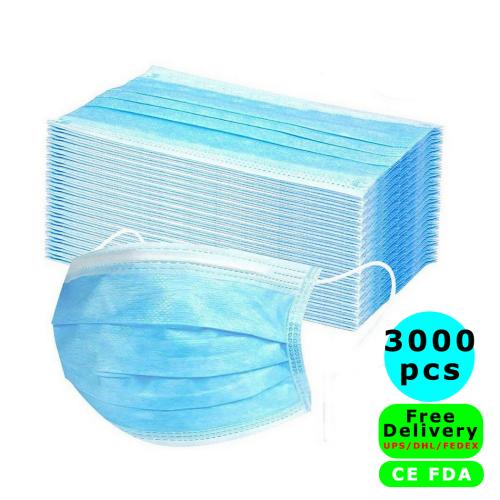 CE FDA 3000 Pcs Disposable Face Másks Máscara for Children Adults, 3 Layers Surgical Medical Dental Masque Mouth Protection face mask for Germs Corona Virus Coronavirus Flu (Blue)