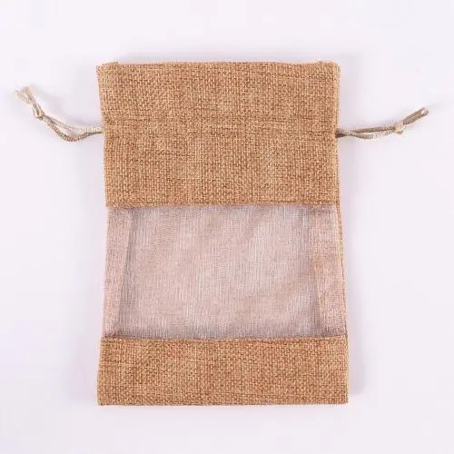 Natural Burlap Bags with Drawstring, Reusable Linen Pouches, Perfect for Jewelry Pouch, Wedding Birthday Parties Favor, Gift/Candy Bags, See Through Window ,Deep Linen
