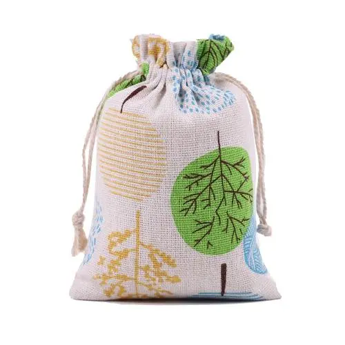Natural Color Picture Burlap Bags with Drawstring, Reusable Linen Pouches, Perfect for Jewelry Pouch, Wedding Birthday Parties Favor, Gift/Candy Bags ,Pine Leaf Tree