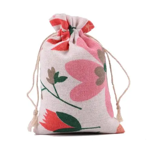 Natural Color Picture Burlap Bags with Drawstring, Reusable Linen Pouches, Perfect for Jewelry Pouch, Wedding Birthday Parties Favor, Gift/Candy Bags ,Red Flower