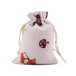 Natural Color Picture Burlap Bags with Drawstring, Reusable Linen Pouches, Perfect for Jewelry Pouch, Wedding Birthday Parties Favor, Gift/Candy Bags ,Mashroom