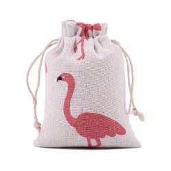 Natural Color Picture Burlap Bags with Drawstring, Reusable Linen Pouches, Perfect for Jewelry Pouch, Wedding Birthday Parties Favor, Gift/Candy Bags ,Red Flamingo