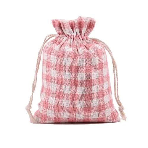 Natural Color Picture Burlap Bags with Drawstring, Reusable Linen Pouches, Perfect for Jewelry Pouch, Wedding Birthday Parties Favor, Gift/Candy Bags ,Pink Lattice