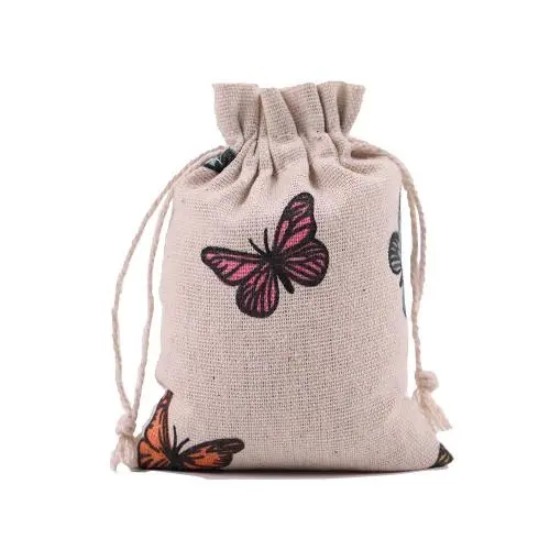 Natural Color Picture Burlap Bags with Drawstring, Reusable Linen Pouches, Perfect for Jewelry Pouch, Wedding Birthday Parties Favor, Gift/Candy Bags ,Butterfly