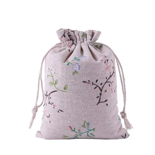 Natural Color Picture Burlap Bags with Drawstring, Reusable Linen Pouches, Perfect for Jewelry Pouch, Wedding Birthday Parties Favor, Gift/Candy Bags ,Small Tree Flower