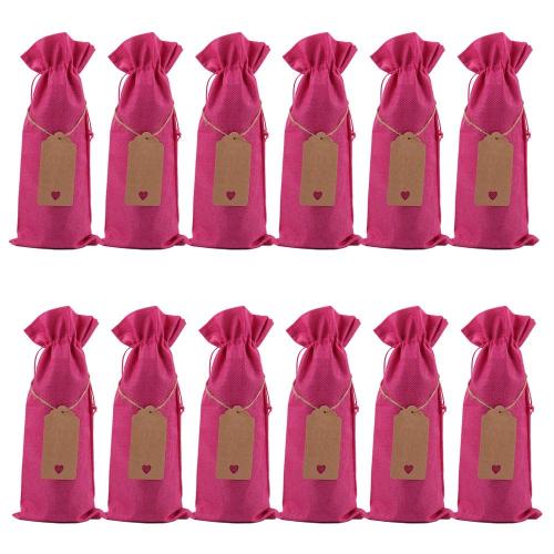 Deep Pink 12 Pcs Burlap Wine Bottle Gift Bags with Drawstrings, Tags & Ropes, Reusable Wine Bottle Covers for Christmas, Wedding, Birthday, Travel, Holiday Party, Housewarming, Home Storage