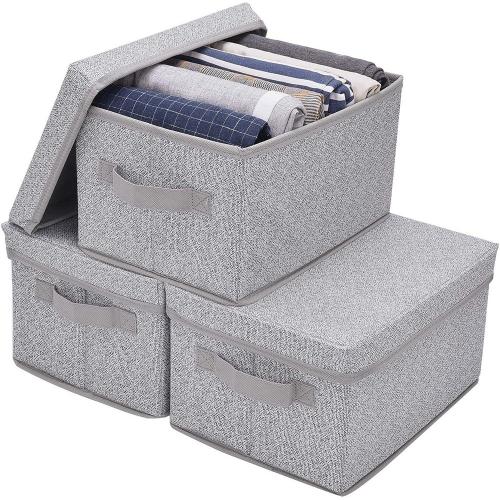Storage Bins for Closet with Lids and Handles, Rectangle Storage Box, Fabric Storage Baskets Containers, Gray, Medium, small, medium, large for one set