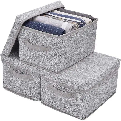 Storage Bins for Closet with Lids and Handles, Rectangle Storage Box, Fabric Storage Baskets Containers, Gray, Medium, small, medium, large for one set Storage Bins for Closet with Lids and Handles, Rectangle Storage Box, Fabric Storage Baskets Containers, Gray, Medium, small, medium, large for one set