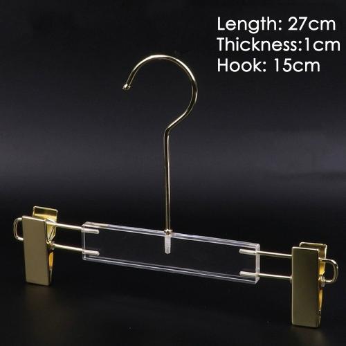 children kids Clothing store hanger wedding dress hanger pants clip dress transparent crystal seamless clothes hanging high-grade acrylic pants rack,length 27cm thickness 1cm golden hook golden clip