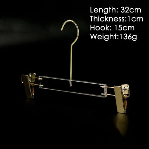 Adult Acrylic clothing store hanger clothing Pants rack seamless high-end transparent crystal customized hangers length 32cm thickness 1cm golden clip