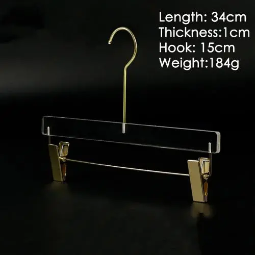 Adult Acrylic clothing store hanger clothing Pants rack seamless high-end transparent crystal customized hangers length 34cm thickness 1cm golden clip