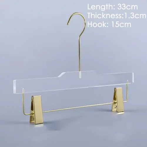 Acrylic hanger clothing store non-slip crystal transparent seamless clothes hang high-end wedding dress custom LOGO hanger pants rack,length 33cm, thickness 1.3cm golden hook golden clip