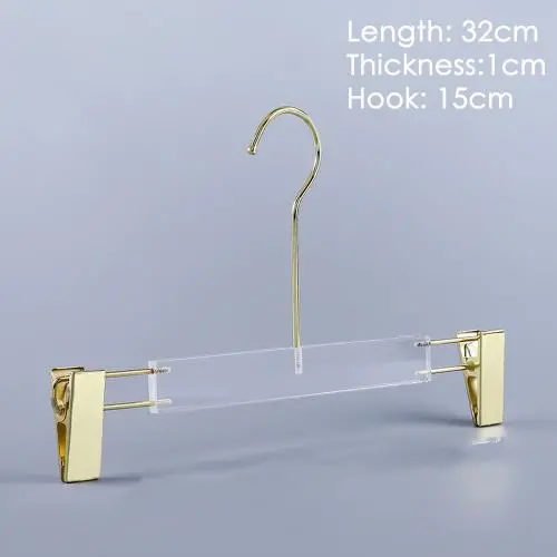 Acrylic hanger clothing store non-slip crystal transparent seamless clothes hang high-end wedding dress custom LOGO hanger pants rack,length 32cm, thickness 1cm golden hook golden clip Acrylic hanger clothing store non-slip crystal transparent seamless clothes hang high-end wedding dress custom LOGO hanger pants rack,length 32cm, thickness 1cm golden hook golden clip