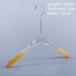 Children Kids Acrylic hanger clothing store non-slip crystal transparent seamless clothes hang high-end wedding dress custom LOGO hanger ,length 32cm, thickness 1cm golden hook