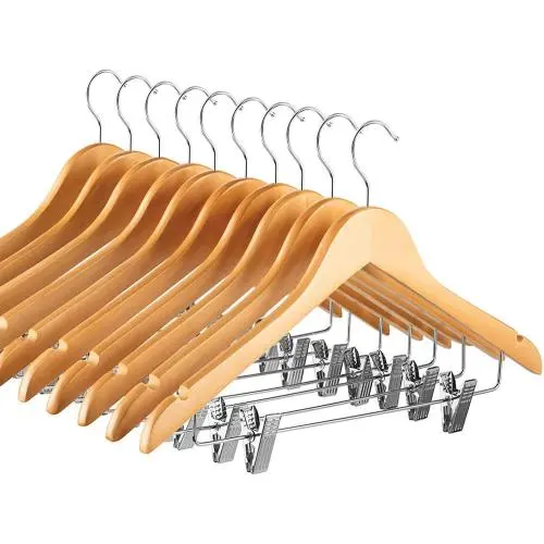 High-Grade Wooden Suit Hangers Skirt Hangers with Clips (10 Pack) Smooth Solid Wood Pants Hangers with Durable Adjustable Metal Clips, 360° Swivel Hook, Shoulder Notches for Dress Coat, Jacket, Blouse