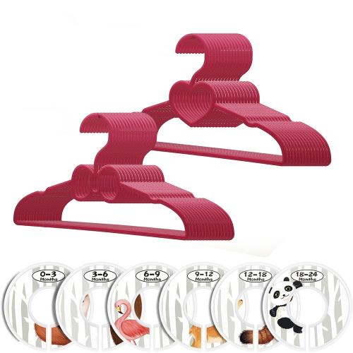 30 Pack Children Hangers with 6 Pcs Baby Closet Dividers, Heavy Duty Red Plastic Hangers Set for Kids and Baby Clothes