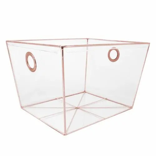 3 SETS OF ROSE GOLD STEEL FRAMEFORK COMPLETELY CLEAR INVISIBLE STORAGE BINS / TAPERED TOTES