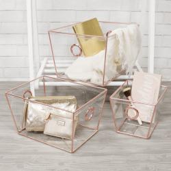 3 SETS OF ROSE GOLD STEEL FRAMEFORK COMPLETELY CLEAR INVISIBLE STORAGE BINS / TAPERED TOTES