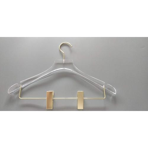 Flat Top Clear Acrylic Skirt Pant Hangers with bar and Clips for women, Stylish Clothes Hanger with Gold Hooks - Coat Hanger for Dress, Suit - Closet Organizer Adult Hangers - Cloth Hangers