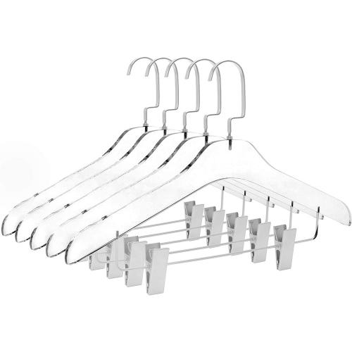 5pcs Round Top Clear Acrylic Skirt Pant Hangers with bar and Clips for women, Stylish Clothes Hanger with Silver Hooks - Coat Hanger for Dress, Suit - Closet Organizer Adult Hangers - Cloth Hangers