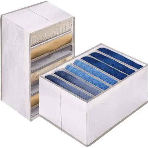 2 Pcs Wardrobe Clothes Organizer with Support Board- Foldable Mesh Closet Storage Large 7 Grids Divider Drawer Organizers Washable Compartment Box for Jeans T-shirt Pants Legging (L-7Grids), White 2 Pcs Wardrobe Clothes Organizer with Support Board- Foldable Mesh Closet Storage Large 7 Grids Divider Drawer Organizers Washable Compartment Box for Jeans T-shirt Pants Legging (L-7Grids), White