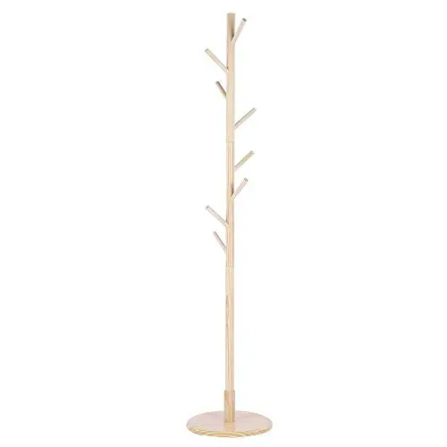 Fdit Assembled Wooden Coat Hat Stand Tree Jacket Cloth Vertical Hanger Rack 8 Hooks ((Wooden Color))