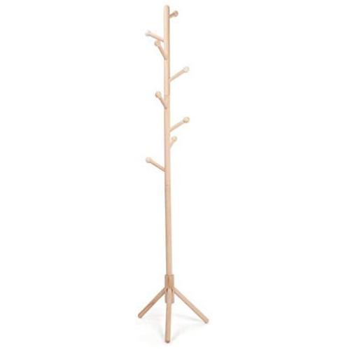 23H Wooden Coat Rack, 8 Hooks- Easy Assembly Stable Coat Tree with Triangular Bracket Base Adjustable Height Hat Hanger Holder Bedroom Living Room for Clothes,Purse,Scarves,Handbags,Umbrella