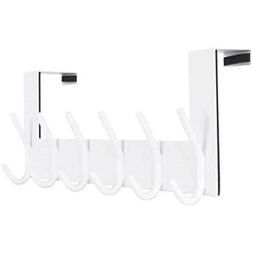 SKOLOO Over The Door Hook Hanger- 6 Hooks, Stainless Steel Door Hook, Over Door Rack for Hanging Coats Clothes Hats Robes, White