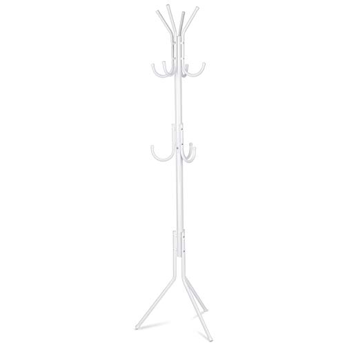 INTEY Standing Coat Rack 11 Hooks Hanger Holder Hooks for Dress Jacket Hat and Umbrella Tree Stand Base Metal, White