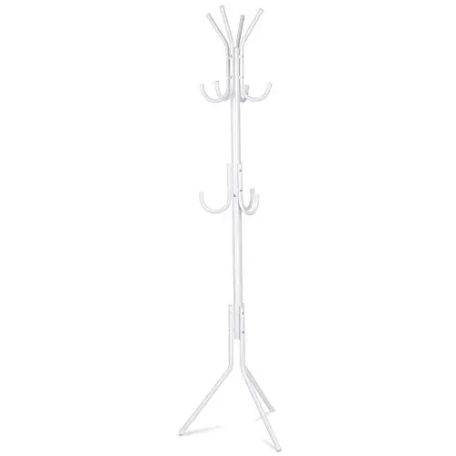 INTEY Standing Coat Rack 11 Hooks Hanger Holder Hooks for Dress Jacket Hat and Umbrella Tree Stand Base Metal, White