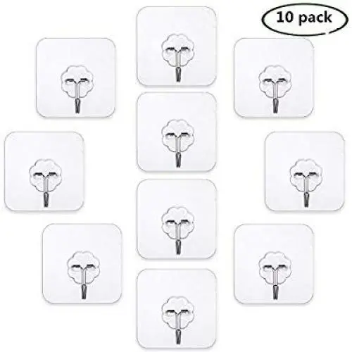 gotain Adhesive Sticky Heavy Duty Utility Hook Transparent Reusable Wall Hangers 22lb Waterproof for Home Kitchen Bathroom Bedroom Dorm Keys Bag Towels-10 Pack, White