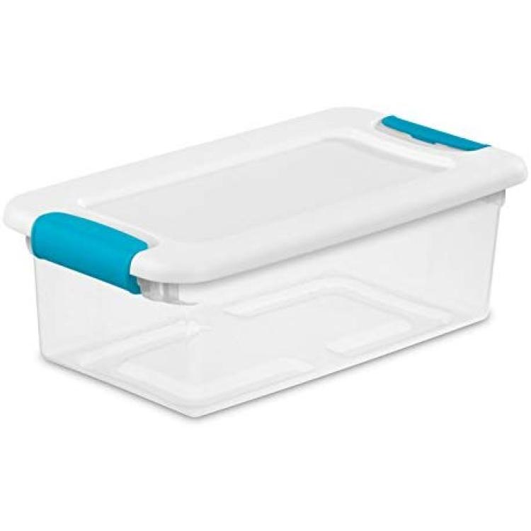 Sterilite 19859806 30 Quart/28 Liter Ultra Latch Box Clear with A White Lid and Black Latches 6-Pack