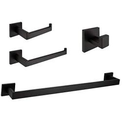 Aothpher 4 Piece Sets Wall Mounted Bathroom Accessories SUS 304 Stainless Steel Including Towel Bar Coat Robe Hook Toilet Paper Roll Holder Towel Ring Holder Contemporary Square Style, Matte Black