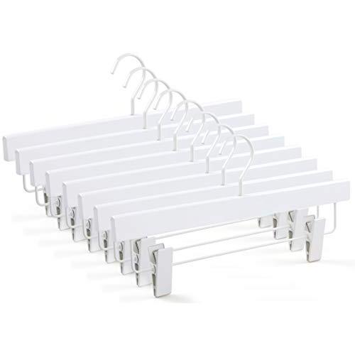 TOPIA HANGER 20-Pack White Deluxe Wooden Pants Hangers, Premium Wood Skirt Hangers, Glossy Finish with Extra Thick Chrome Hooks & Anti-Wrinkle Clips CT03W