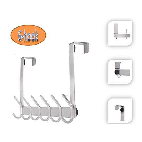 Over The Door Hook with 6 Hooks, Stainless Steel Heavy Duty Door Hanger for Door Clothes Hanger for Living Room Cloakroom Bathroom, Hanging Towel Rack Organizer, Easy Install Space Saving (Silver)