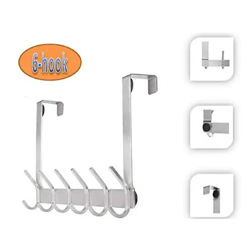 Over The Door Hook with 6 Hooks, Stainless Steel Heavy Duty Door Hanger for Door Clothes Hanger for Living Room Cloakroom Bathroom, Hanging Towel Rack Organizer, Easy Install Space Saving (Silver) Over The Door Hook with 6 Hooks, Stainless Steel Heavy Duty Door Hanger for Door Clothes Hanger for Living Room Cloakroom Bathroom, Hanging Towel Rack Organizer, Easy Install Space Saving (Silver)