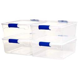 Homz Plastic Storage, Modular Stackable Storage Bins with Blue Latching Handles, 15.5 Quart, Clear, 4-Pack