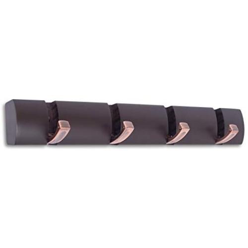 BIRDROCK HOME Wall Mounted Folding Hooks - 4 Folding Coat and Hat Rack Hooks - Oil Rubbed Bronze Hooks - Brown Rail