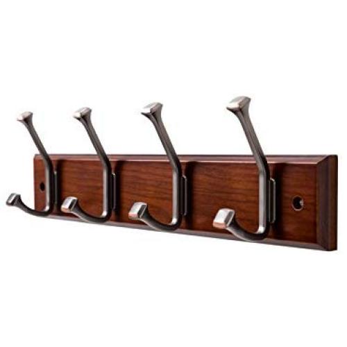 Finnhomy Wooden Coat Hooks Wall Hooks 4 Dual Hooks 16-Inch Rail/Pilltop Rack Long Coat Rack for Clothes Entryway Foyer Storage Organization Bathroom Towel Key Accessory Walnut/ORB Hook