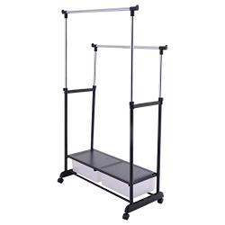 Heize best price New Double Adjustable Heavy Duty Clothes Hanger Rolling Garment Rack with 2 Drawers (U.S. Stock)