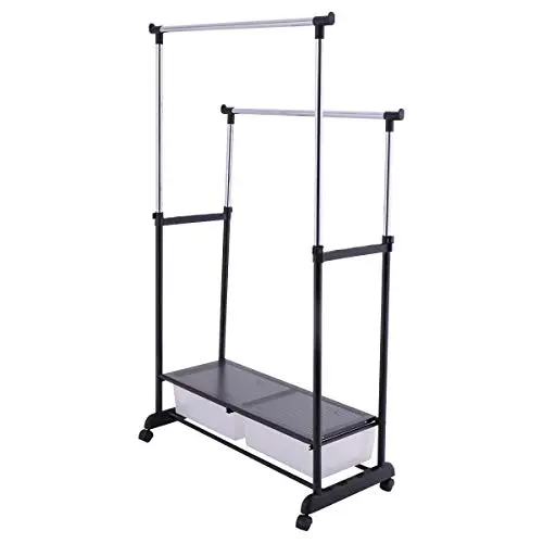 Heize best price New Double Adjustable Heavy Duty Clothes Hanger Rolling Garment Rack with 2 Drawers (U.S. Stock) Heize best price New Double Adjustable Heavy Duty Clothes Hanger Rolling Garment Rack with 2 Drawers (U.S. Stock)