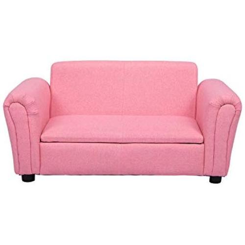 Kinbor Baby Kids Sofa Sturdy Wood Construction Two Seater Armrest Chair for Preschool Children Upholstered Couch with Storage Box