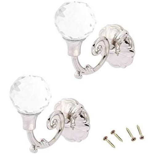 Yohii One Pair Clear Crystal Wall Decorative Tieback Hooks Hanger Multi Use Wall Hook Coat Hanger Silver Tone