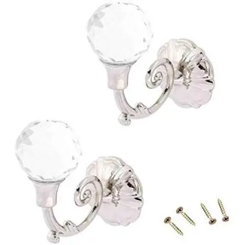 Yohii One Pair Clear Crystal Wall Decorative Tieback Hooks Hanger Multi Use Wall Hook Coat Hanger Silver Tone