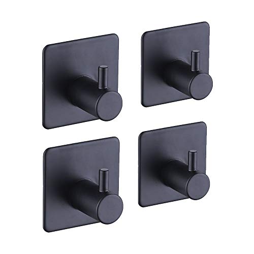 Kes Self Adhesive Hooks Rail Stainless Steel 1-Hook Rack Bath Towel Hook Sticky Bathroom Kitchen Towel Multi Hanger Matte Black 4 PCS, A7060-BK-P4