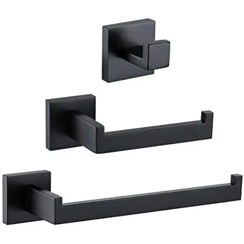 TNOMS Bathroom Hardware Set-3 Piece SUS 304 Stainless Steel Toilet Paper Holder Hand Towel Holder Robe Hook Wall Mount, Black Finish, HRQ7010BK