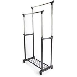 Finnhomy Double Rail Adjustable Rolling Garment Rack with Bottom Shelf - Clothes Hangers with Wheels - Rolling Clothes Organizer, Black and Chrome