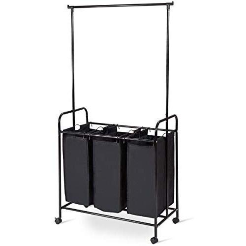 Heize best price Black 3 Bag Home Rolling Laundry Sorter Cart Hamper Clothes Organizer with Hanging Bar Closet System Storage Organizer Garment Rack Clothes Hanger Dry Shelf Heavy Duty(U.S. Stock)