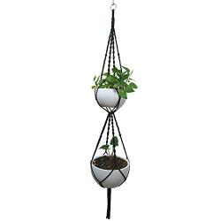 Macrame Plant Hanger & Holder, Hanging Planter 4 Legs Double Deck For 8 inch to 10 inch Two Pots Indoor Outdoor Hanging Planter Hemp Rope 67 Inch with Metal ring (Cotton-Black)